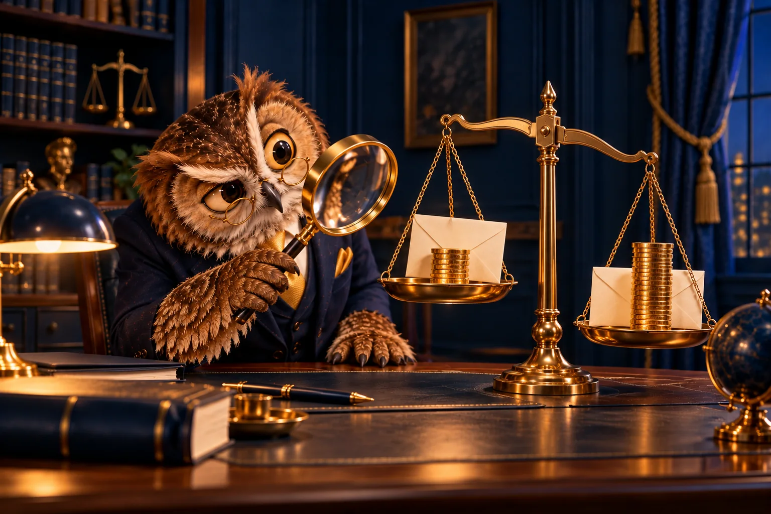 Karikaturale uil onderzoekt salarisverschillen met een gouden weegschaal