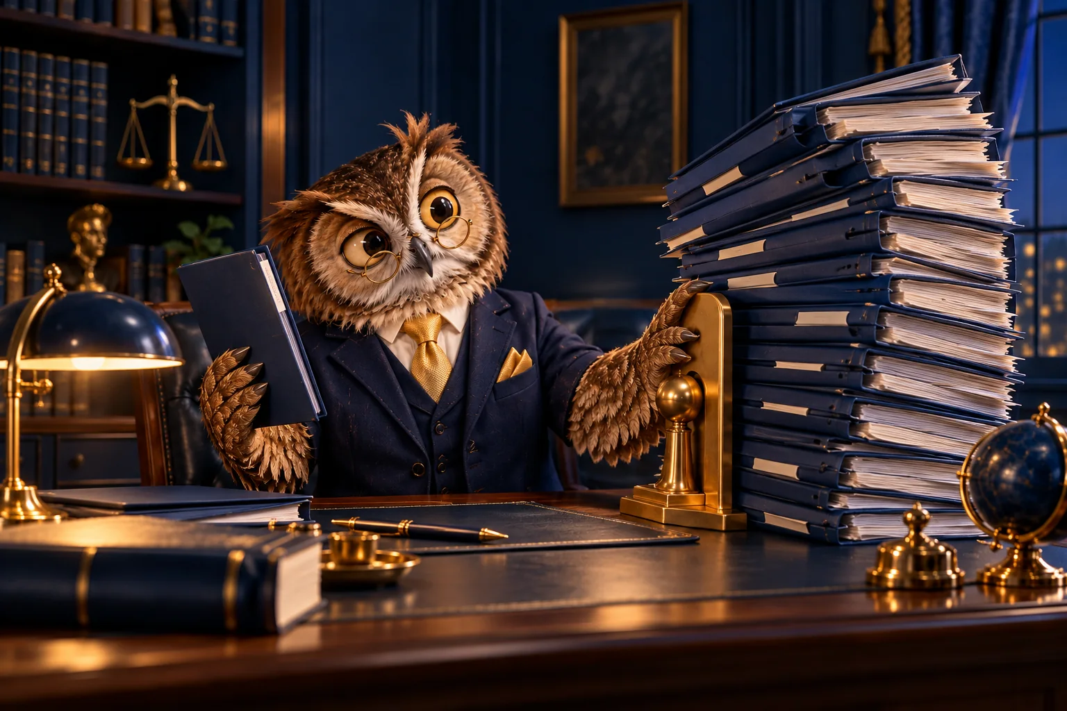 Karikaturale uil brengt overzicht in een stapel personeelsdossiers